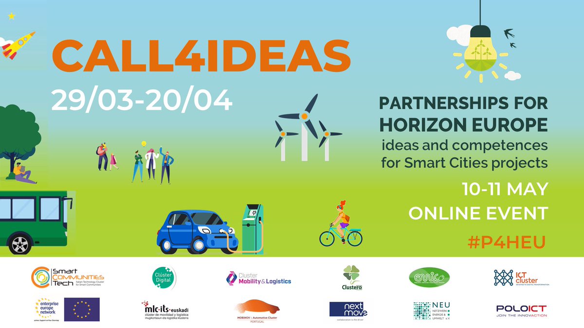 💡 Call4Ideas #P4HEU
📩 Submit your ideas on #SMARTCITIES' PROJECTS
⌛ Deadline: April, 20th
🔗 Register here: …or-horizon-europe-4edition.b2match.io

<a href="/Cluster_Digital/">Clúster Digital</a> @mobilitylogisti #clustero #evic <a href="/ictcluster/">ICT Cluster</a> <a href="/mlcluster/">Clúster de Movilidad y Logística de Euskadi</a> <a href="/MobinovPt/">Mobinov PT</a> @NextMoveCluster #NEU <a href="/poloict/">Polo ICT</a> 
<a href="/EEN_EU/">Enterprise Europe Network 🇪🇺</a> <a href="/EEN_Italia/">Enterprise Europe Network Italia</a>