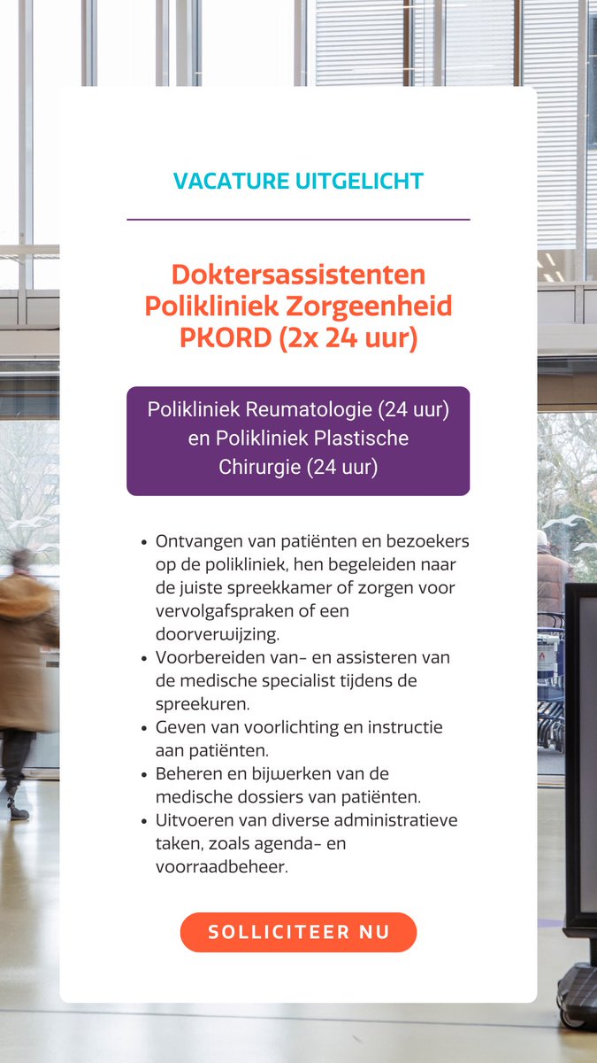 We zijn op zoek naar twee doktersassistenten voor 24 uur. Is het iets voor jou? 

Bekijk de vacature: lnkd.in/e3u2ZuWN