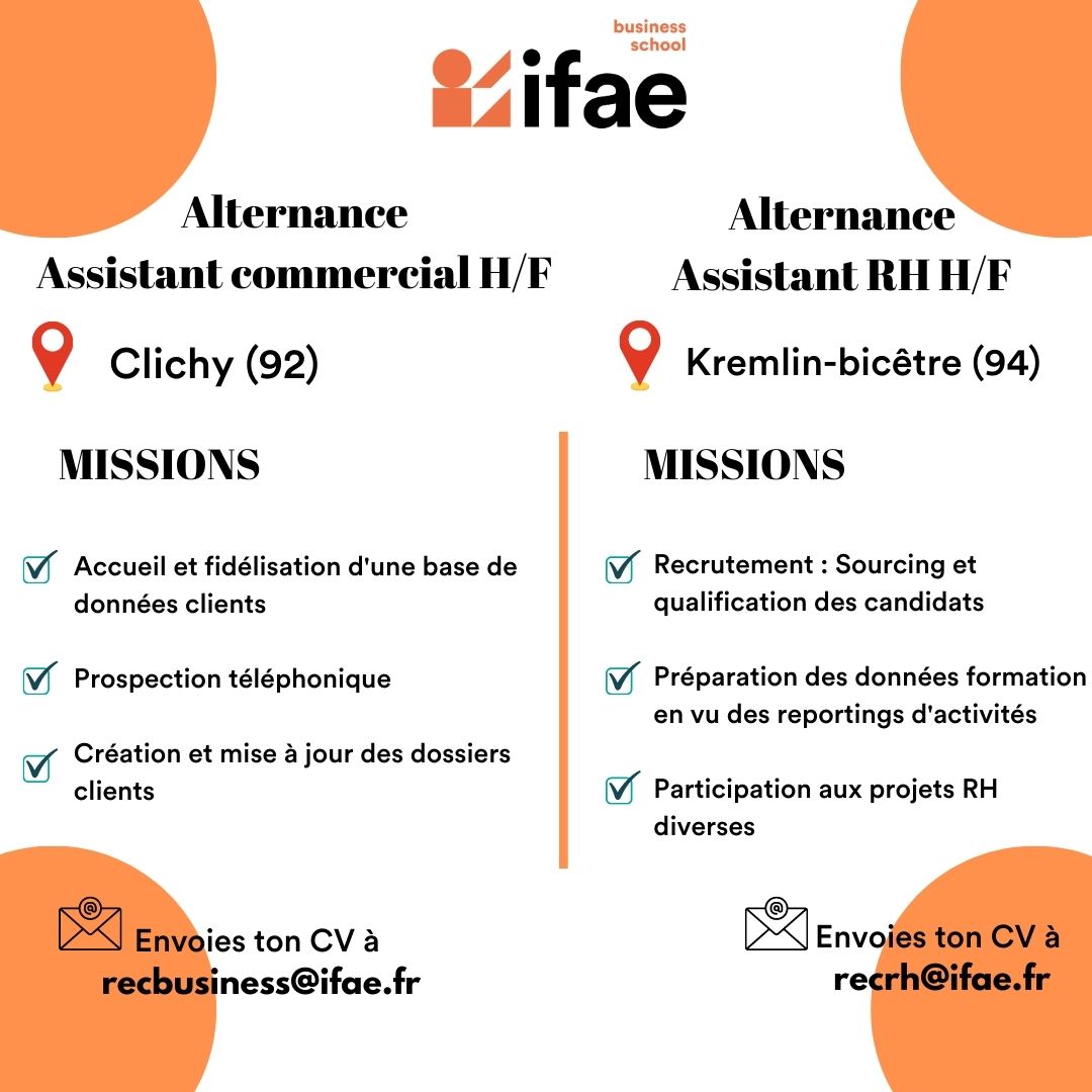 groupeifae's tweet photo. 📣Oyé!! Oyé!! L’IFAE recrute toujours dans les secteurs des #ressourceshumaines mais aussi du #commerce, de la #vente et du #management en #IDF.🥳⏰

🧾Pour candidater ,partage nous ton cv:
recbusiness@ifae.fr #commerce
recrh@ifae.fr #rh

#RT #formation #alternance https://t.co/EBZeME1t17