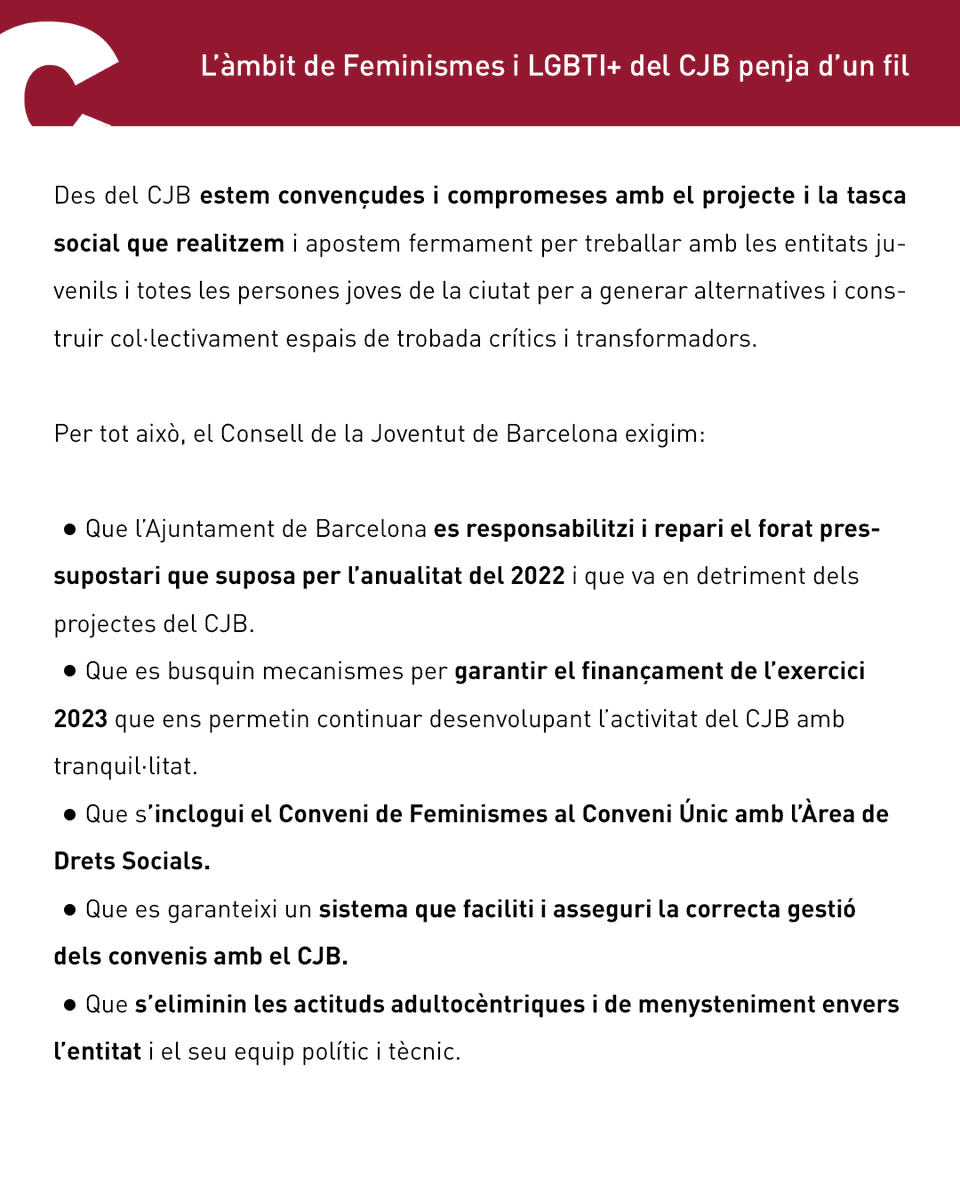 🔴COMUNICAT | L'àmbit de Feminismes i LGBTI+ del CJB penja d'un fil: no arriben els 20.000€ corresponents al 2022 i està en dubte el conveni per al 2023.

🗣️Exigim que <a href="/bcn_ajuntament/">Ajuntament de Barcelona</a> repari el dany econòmic i ens garanteixi mecanismes d'estabilitat.

🔗cjb.cat/el-conveni-de-…