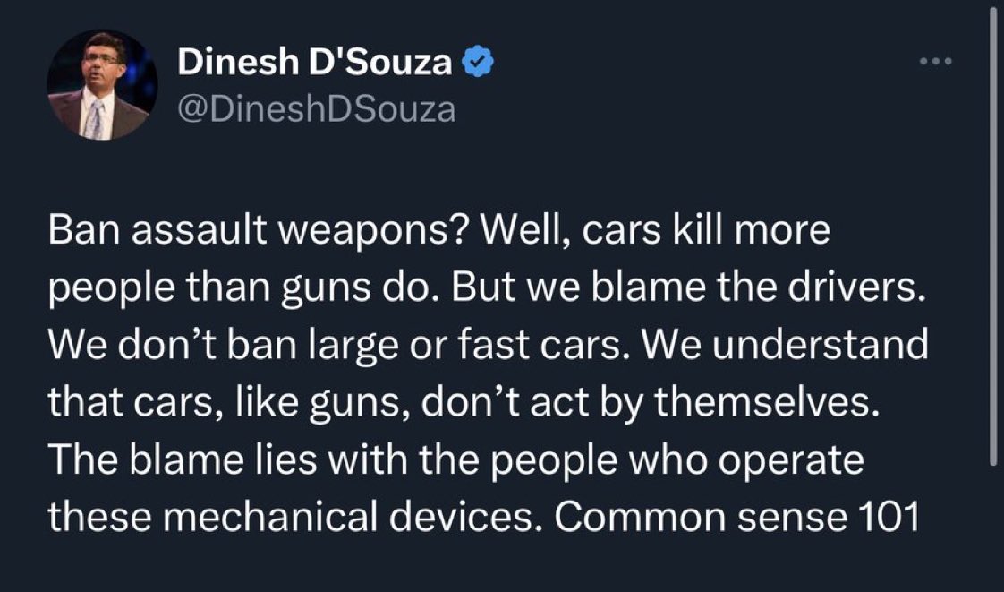 I’d need 50 pages to list all the auto restrictions we have agreed on in this society…speed limits, safety requirements, licensing laws, seat belts, liabilities, Etc. Etc.

This propagandists thinks we can drive unlicensed F1 cars 146mph through school zones while drunk.