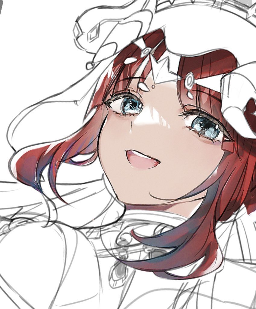 nilou (genshin impact) 1girl solo smile red hair white background horns sketch  illustration images
