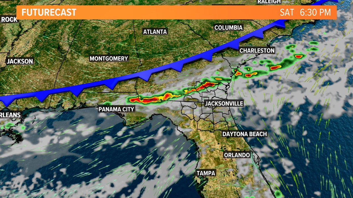 WeatherLauren's tweet photo. SE GA: Keeping an eye out for a few strong storms for you Saturday after 1PM and into the early evening as this front approaches. / JAX: IF we see any rain this weekend it'll be much later Saturday evening as storms fade to our north when they cross the FL/GA border. #FCNStorm https://t.co/Gi012XFQXn