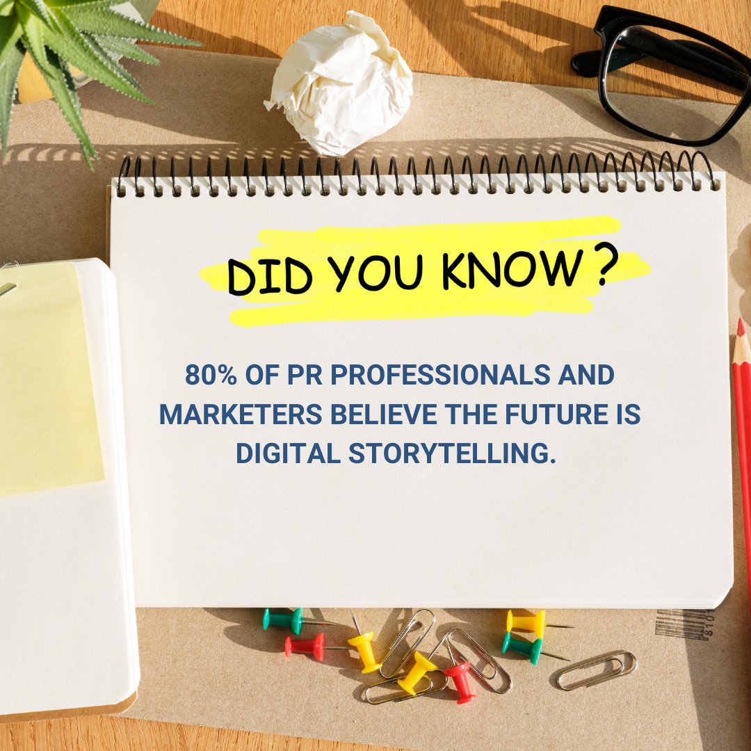 Did you know that ' '80% OF PR PROFESSIONALS AND MARKETERS BELIEVE THE FUTURE IS DIGITAL STORYTELLING'. Comment below whether you agree or disagree. #PR #marketing #communication