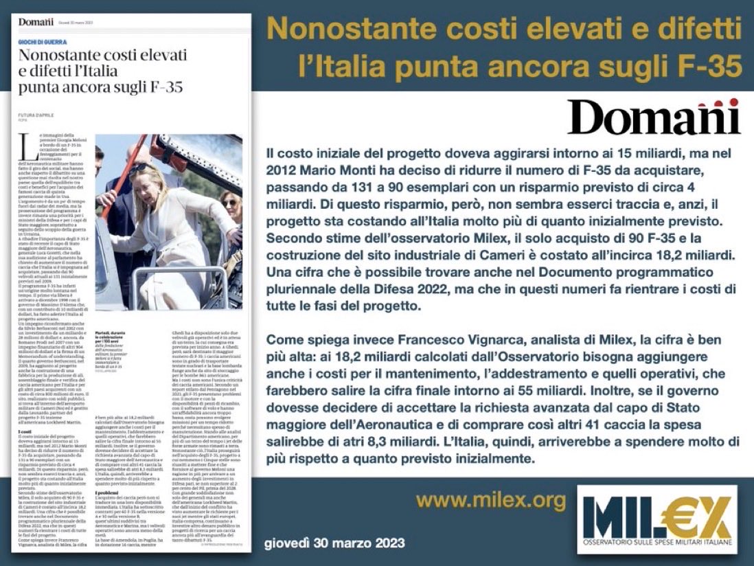 doyaksec's tweet image. #Intelligence.From the ancient colony of #Italy. According to estimates by @OssMilex, the purchase of 90 #F35s from the #USA alone and the construction of the #Cameri industrial site cost the Italians around 18.2 billion.But the final figure will be higher:maintenance, training..