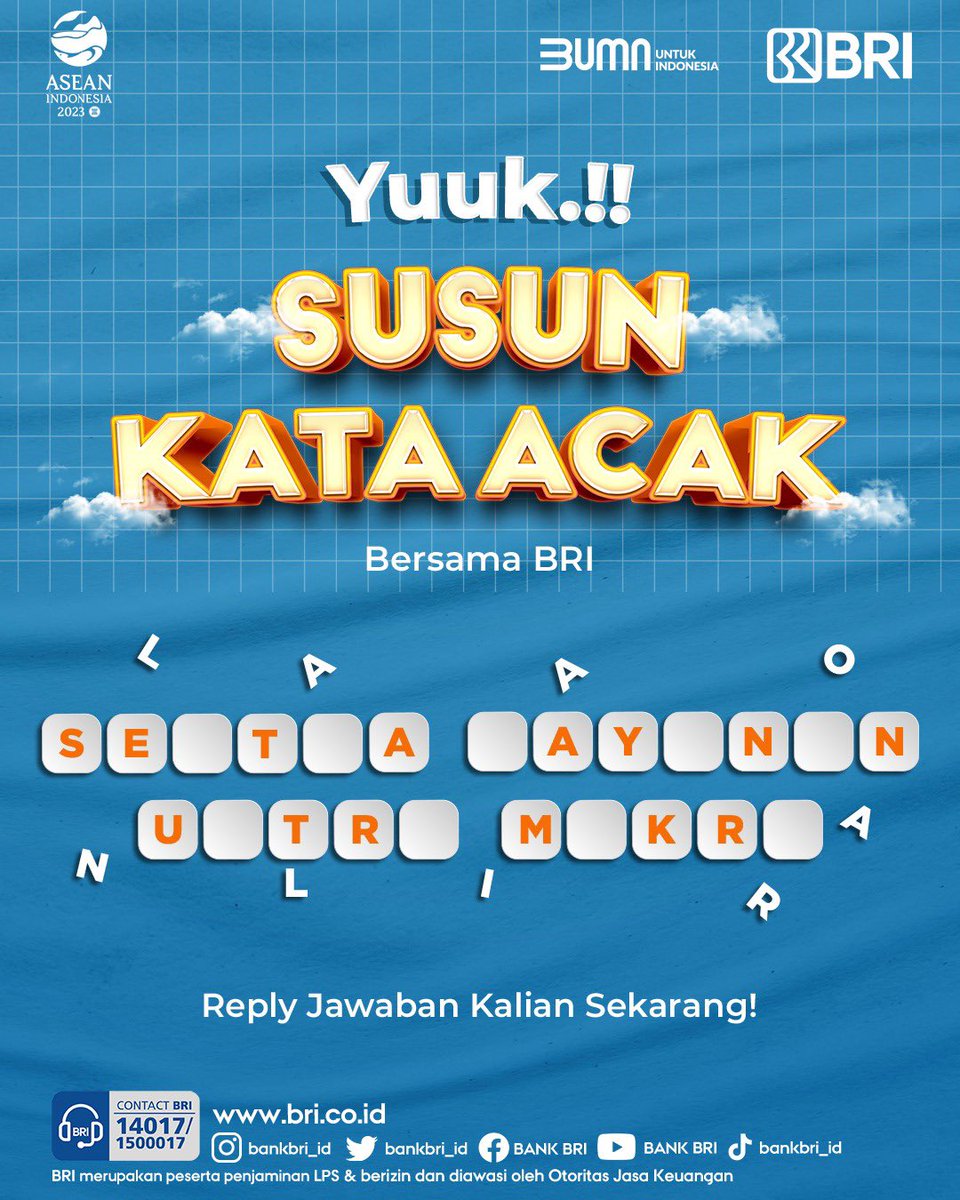 BANKBRI_ID's tweet photo. Halo Sobat BRI! It’s quiz time! 🔥🔥

Tebak kata lengkap diatas yukkk..

#BRI #MemberiMaknaIndonesia https://t.co/xWwcAgDGZB