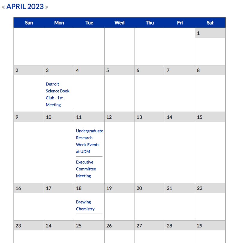 Here's our April Calendar at a glance! The Detroit ACS does not yet have anything planned for Earth Day on April 22, 2023. Do you? What should we do? #EarthDay #ChemistsCelebrateEarthWeek #CCEW #detscibkclub #chemtwitter #detroitacs #acs #amerchem