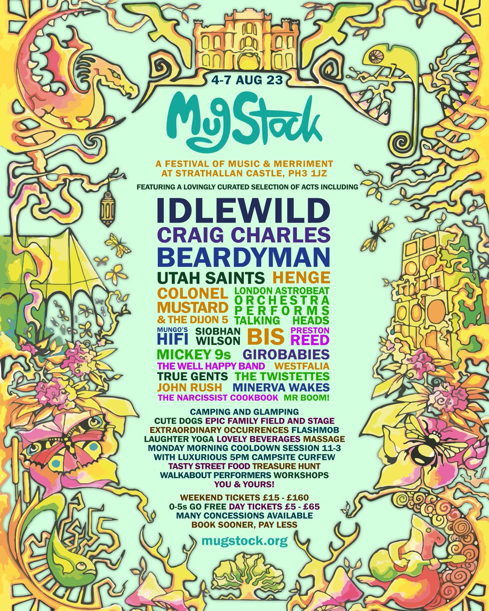 MugStock's tweet photo. First acts announced for MugStock’s spectacular comeback: Fri 4th - Mon 8th August, Strathallan Castle. Idlewild, Charles, Beardyman, Utah Saints, Henge, Mungo’s Hifi, Rachel Sermanni, Preston Reed, London Astrobeat Orchestra Performs Talking Heads &amp; more... https://t.co/fs1YyHo57f