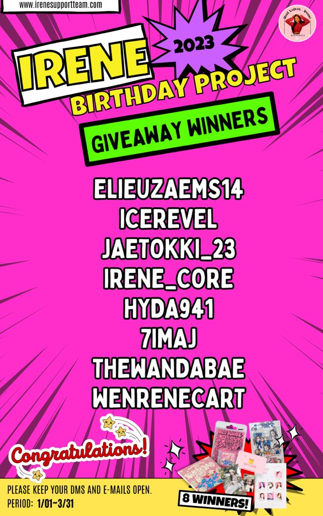 Baejoohyunews's tweet photo. [2023 #IRENE BIRTHDAY PROJECT]

‼️‼️GIVEAWAY WINNERS‼️‼️

Thank you so much for your generosity~ You will be contacted within the day. 🎈 

#ISTProjects
🫂 @IreneVotingTeam @BJH_Philippines https://t.co/V0m9r9wONJ