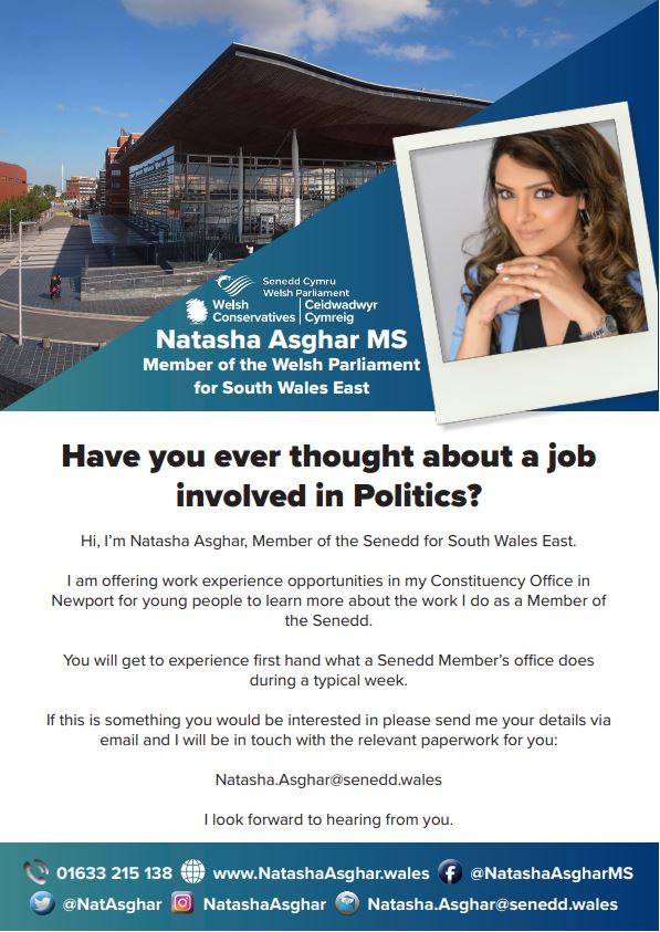 🤔 Have you ever wondered what it is like to work for a Member of the Senedd?

🚨 Good news! I am offering #workexperience opportunities in my #office.

👇 If you fancy it, get in touch using the details below.