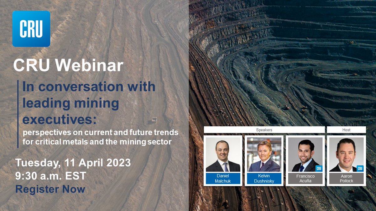 CRUGROUP's tweet image. Don't miss out on our upcoming #webinar! Join us on April 11 at 9:30 AM EDT as former mining executives discuss the current and future trends in the mining sector. Register now: www2.crugroup.com/l/707643/2023-…

 #miningsector #criticalminerals #worldcopperconference #CESCOweek