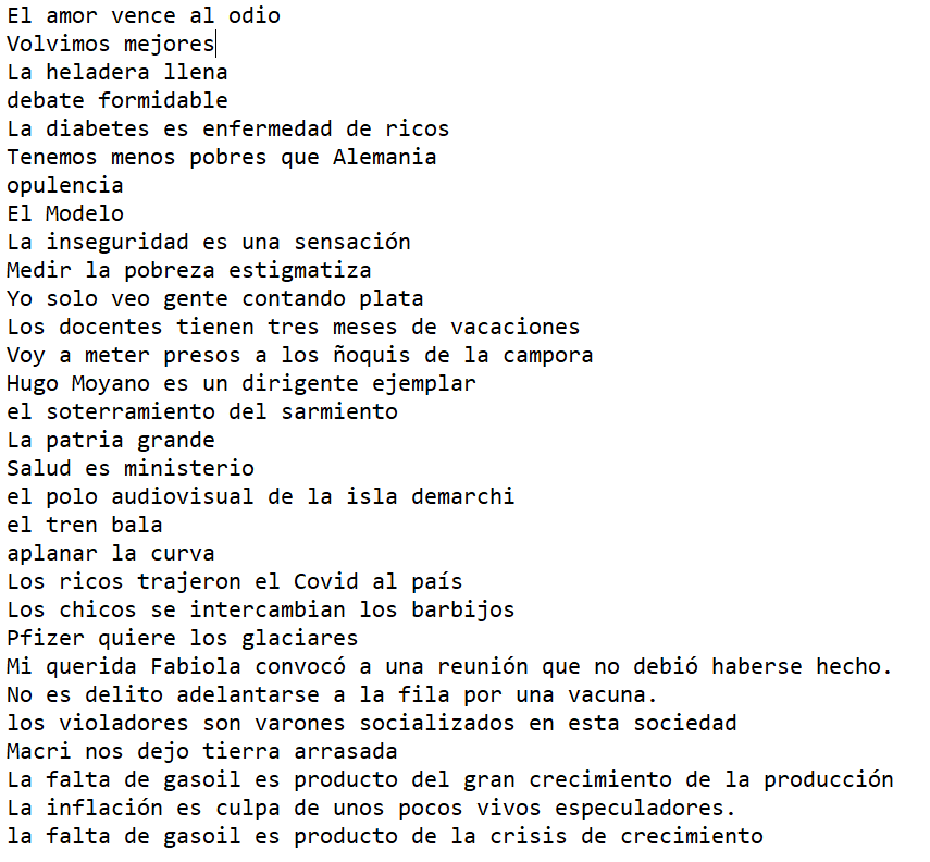 elaboré una lista de frases, palabras y promesas de "el modelo" para que se sirvan mencionar con la voz en off de las tandas de #PanYCirco  <a href="/Rivadavia630/">Radio Rivadavia</a> <a href="/JonatanViale/">Jonatan Viale</a> <a href="/morandolucas/">Lucas Morando</a> <a href="/arielwolman/">Ariel Wolman</a> <a href="/NanJelaber/">Nancy Jelaber</a> <a href="/DeloElmo/">Elmo Delo</a> podemos entre todos seguir agregando.
