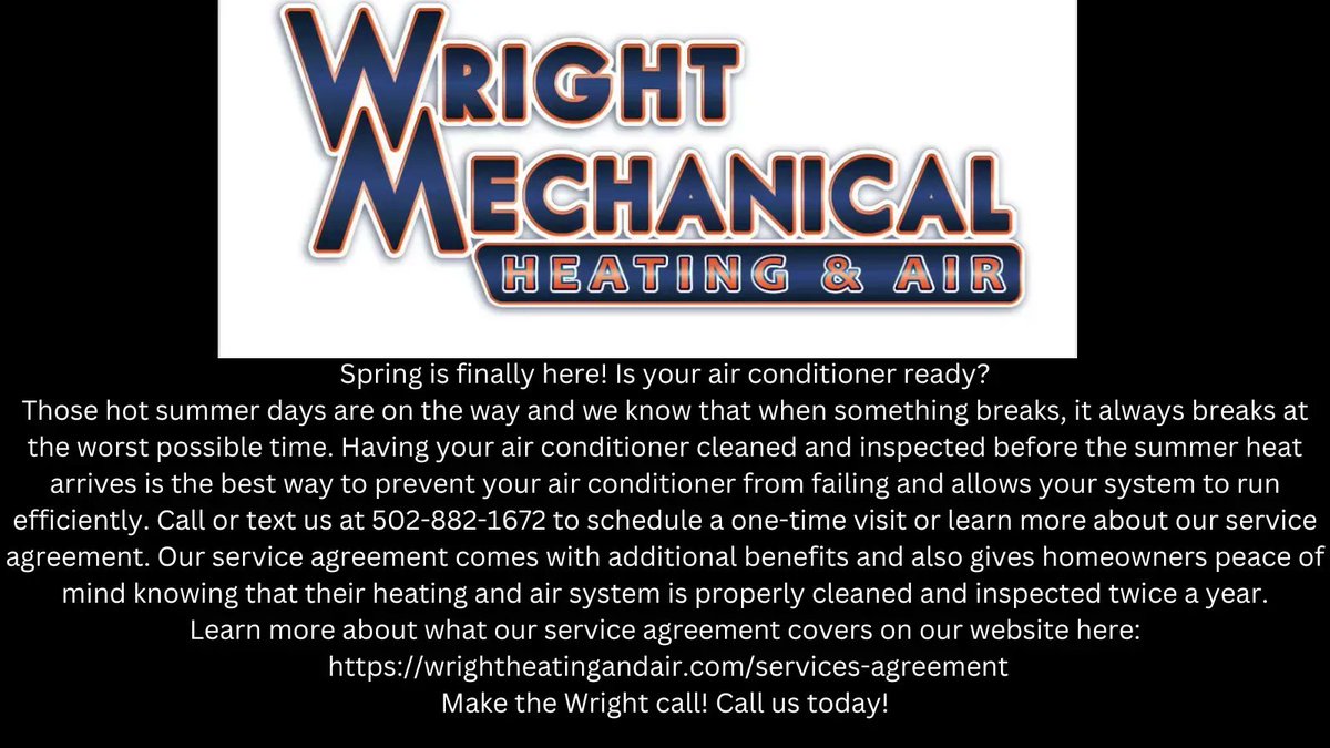WrightMechHVAC's tweet photo. Those hot summer days are on the way and we know that when something breaks, it always breaks at the worst possible time. Call or text us at 502-882-1672 to schedule a one-time visit or learn more about our service agreement. https://t.co/fEZykt4ZC6 https://t.co/UkM6juyLvP