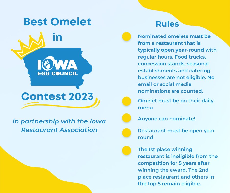 We have EGGciting news! We are bringing back the Best Omelet in Iowa Contest! 🥚👑  1st place will receive a crown, outdoor banner, and $200! 2nd-4th will get a plaque. Nominate a restaurant or your own at IowaEgg.Org. #iowaegg #iowaeggs #eggs #omelet #omeletcontest