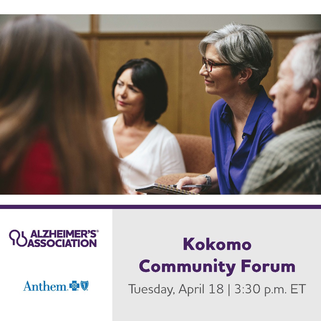 AlzIndiana's tweet photo. Kokomo, we want to hear from YOU! Join our Community Forum April 18 at the Greater Kokomo Chamber of Commerce,  room 2D, Inventrek - Technology Park building. Learn about dementia, share your experience &amp; discuss how to better support those affected: https://t.co/KjcyuhdRjm.. https://t.co/9ZsWEgxYYT