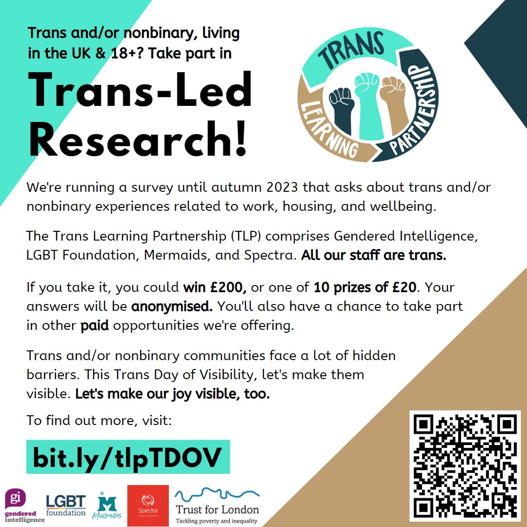 Are you trans, non-binary, 18+, and living in the UK? Take part in our research to understand your experiences of work, housing, and wellbeing: bit.ly/tlpTDOV