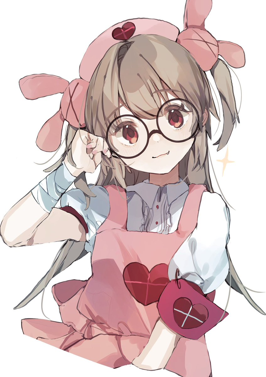 natori sana 1girl glasses solo hat long hair two side up pink apron  illustration images