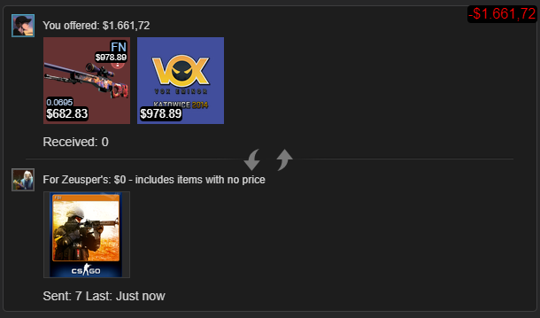 rick_cs2's tweet photo. Yo @ZeusperCS go check your trades! 👀
We prepared a little gift for you

Awesome by the community that we managed to come together and make this happen
People that contributed in the blow tweet: https://t.co/GRb2l4nd2o