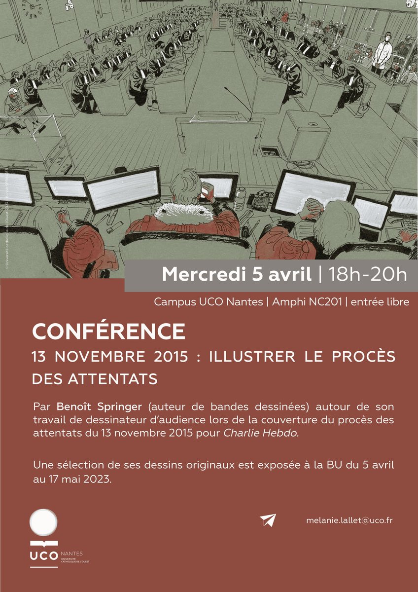 L'UCO Nantes reçoit l'illustrateur ✍️ 
@BenoitSpringer
 dès le 5 avril pour une #expo 👀 de ses dessins du procès des attentats du 15 novembre. Pour en savoir + 👉 RDV à la conférence le 5 avril à 18h.