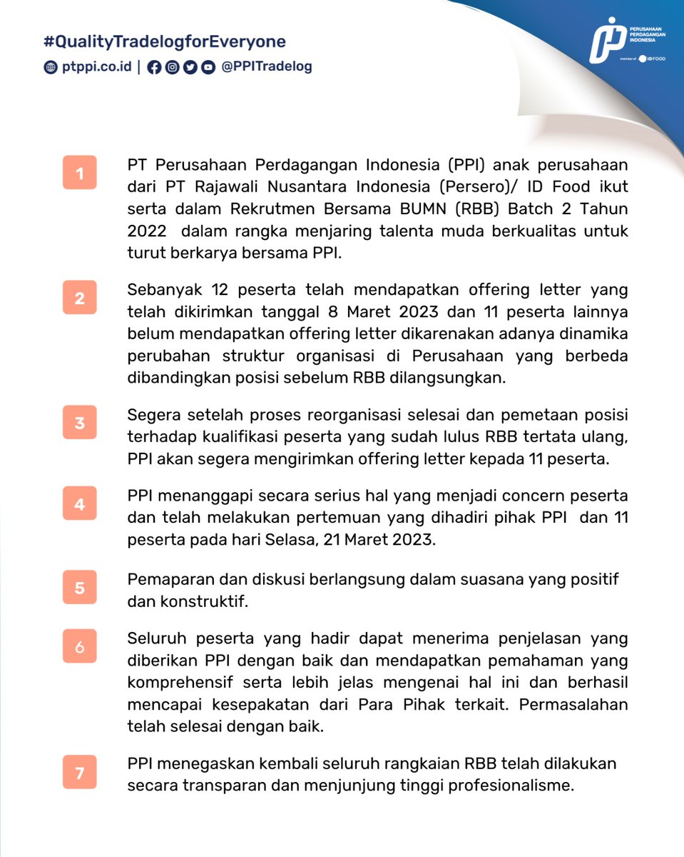 bumntangerang3's tweet photo. Sehubungan dengan ramainya respon di media sosial terkait concern dari peserta yg telah dinyatakan lulus tahapan RBB batch 2 tahun 2022 dengan penempatan di PT PPI.

#PPIKedepankanTransparansi
#RBB BUMN 2023 #Belajar #Bertumbuh #BerkontribusiuntukIndonesia https://t.co/zOc0g6rcDO