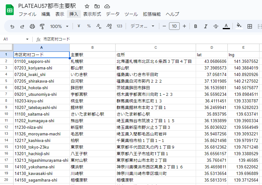 shi__works's tweet image. 3年以上前に自分で書いたQiitaの記事をもとに、Google Geocoding APIで、PLATEAUの57都市の主要駅の座標を取得してみた。
#Geocoding
住所を地理的座標へ変換するツールを作成しました(Googleマップ+Googleスプレッドシート+Google Geocoding API) qiita.com/syanseto/items… #Qiita @syansetoより