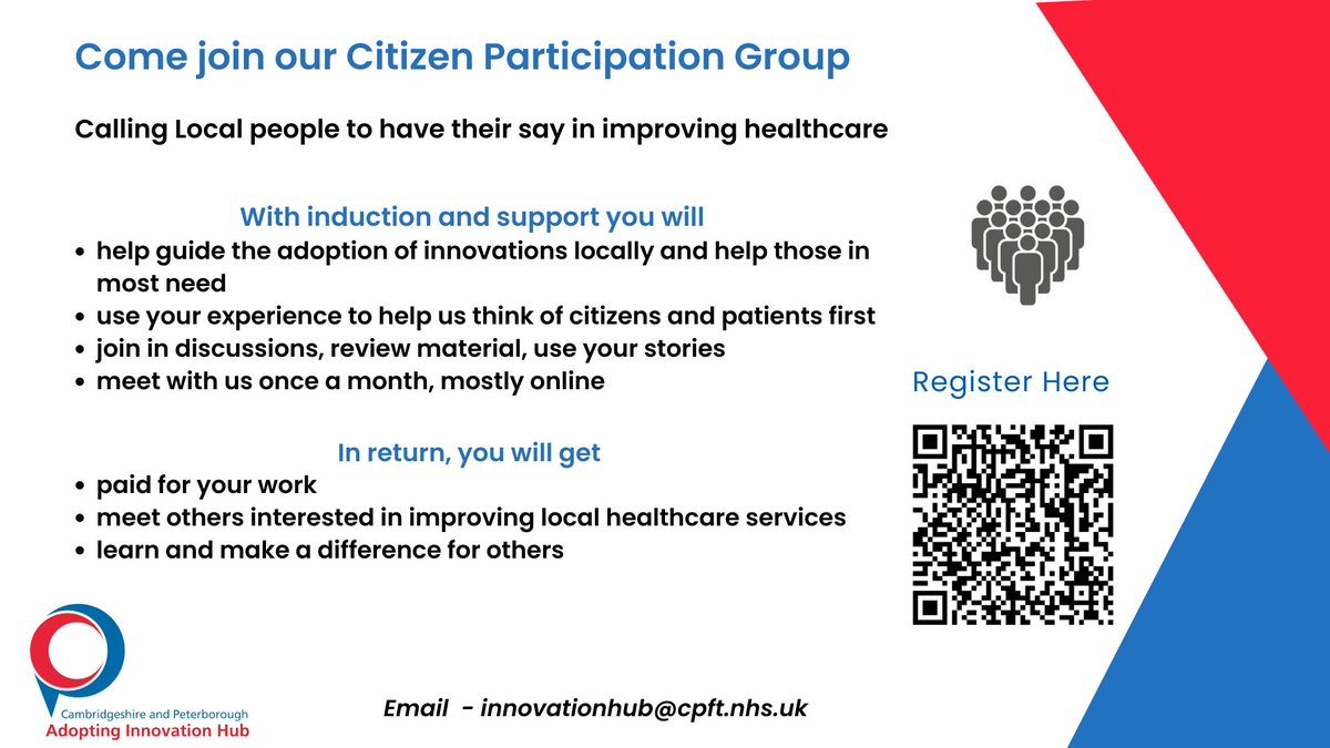 Cambs & Peterborough Adopting Innovation Hub (@cpinnovationhub) on Twitter photo <a href="/CPInnovationHub/">Cambs & Peterborough Adopting Innovation Hub</a> is looking for enthusiastic citizens to join our Citizen participation group to bring change to local healthcare services.
Register here forms.office.com/r/wBgucsZ5fa <a href="/CPInnovationHub/">Cambs & Peterborough Adopting Innovation Hub</a> is looking for enthusiastic citizens to join our Citizen participation group to bring change to local healthcare services.
Register here forms.office.com/r/wBgucsZ5fa
