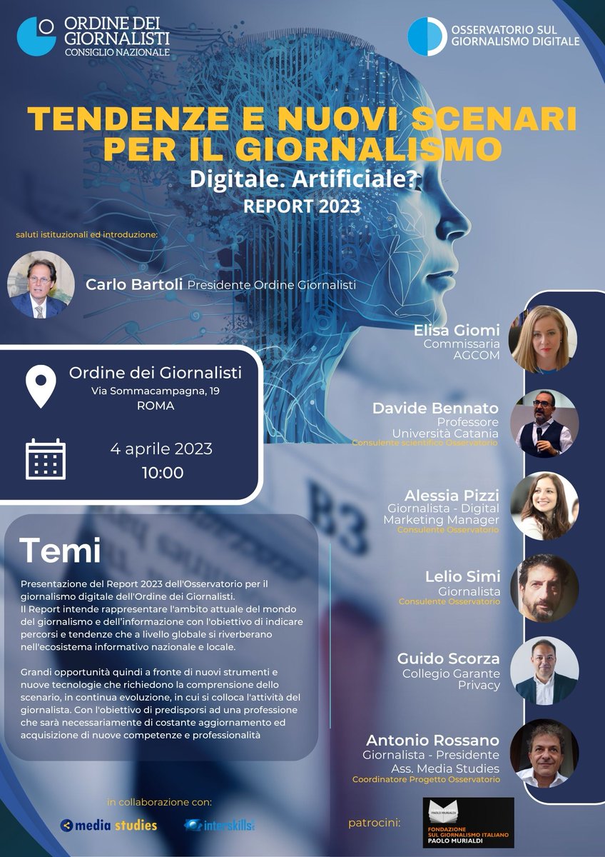 Martedì 4 aprile, presso la sede dell'Ordine dei Giornalisti in Roma, presentazione, con l'introduzione di Carlo Bartoli Presidente Consiglio Nazionale dell'Ordine dei Giornalisti, il Report 2023 dell'Osservatorio sul giornalismo digitale dell'Ordine, che ho l'onore di coordinare