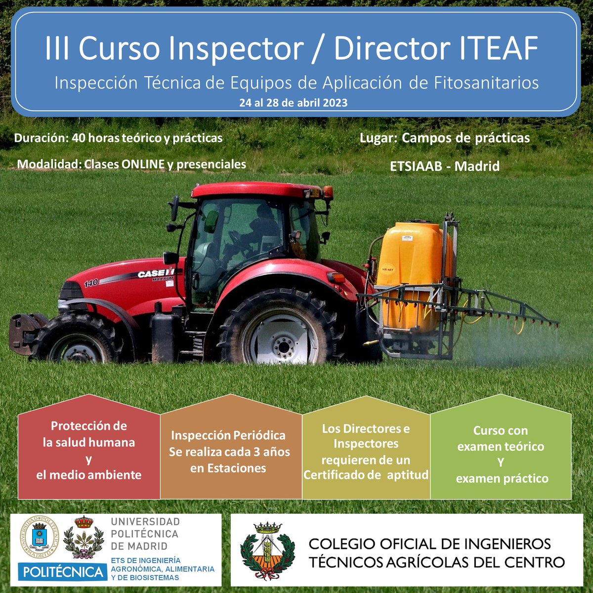 3ª Edición del #Curso de formación de Inspectores y Directores de Estaciones de inspección técnica de equipos de aplicación de productos fitosanitarios (#ITEAF)

Comienza el 24 de abril.

Encuéntralo en agricolascentro.org/formacion/iii-…