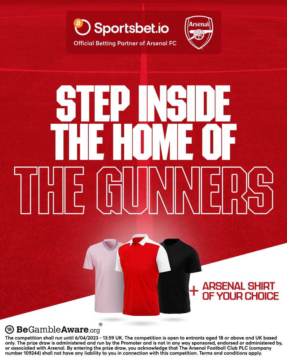 Arsenal's tweet photo. #ad 🏟 Win a chance to step inside the home of the Gunners: take a tour of the Emirates Stadium and receive an official Arsenal shirt. 👕

🤩 To enter, follow @sportsbetio and @Arsenal, RT and tag a friend.

⏳ Closes 6/04/23 13:59 GMT. 18+, UK only. T&amp;Cs apply. https://t.co/ti29ffB5HQ