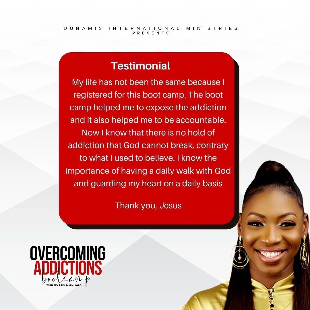 thedunamismin's tweet photo. Overcoming Addiction Bootcamp is a 30 day Bootcamp to strengthen your walk with God and walking in freedom from all shackles of sin.
Registration closes today!
https://t.co/ZLsCflPm66
#OvercomingAddictions
#BootCamp
#Freedom
#DunamisInternationalMinistries https://t.co/I6PLL8dSOw