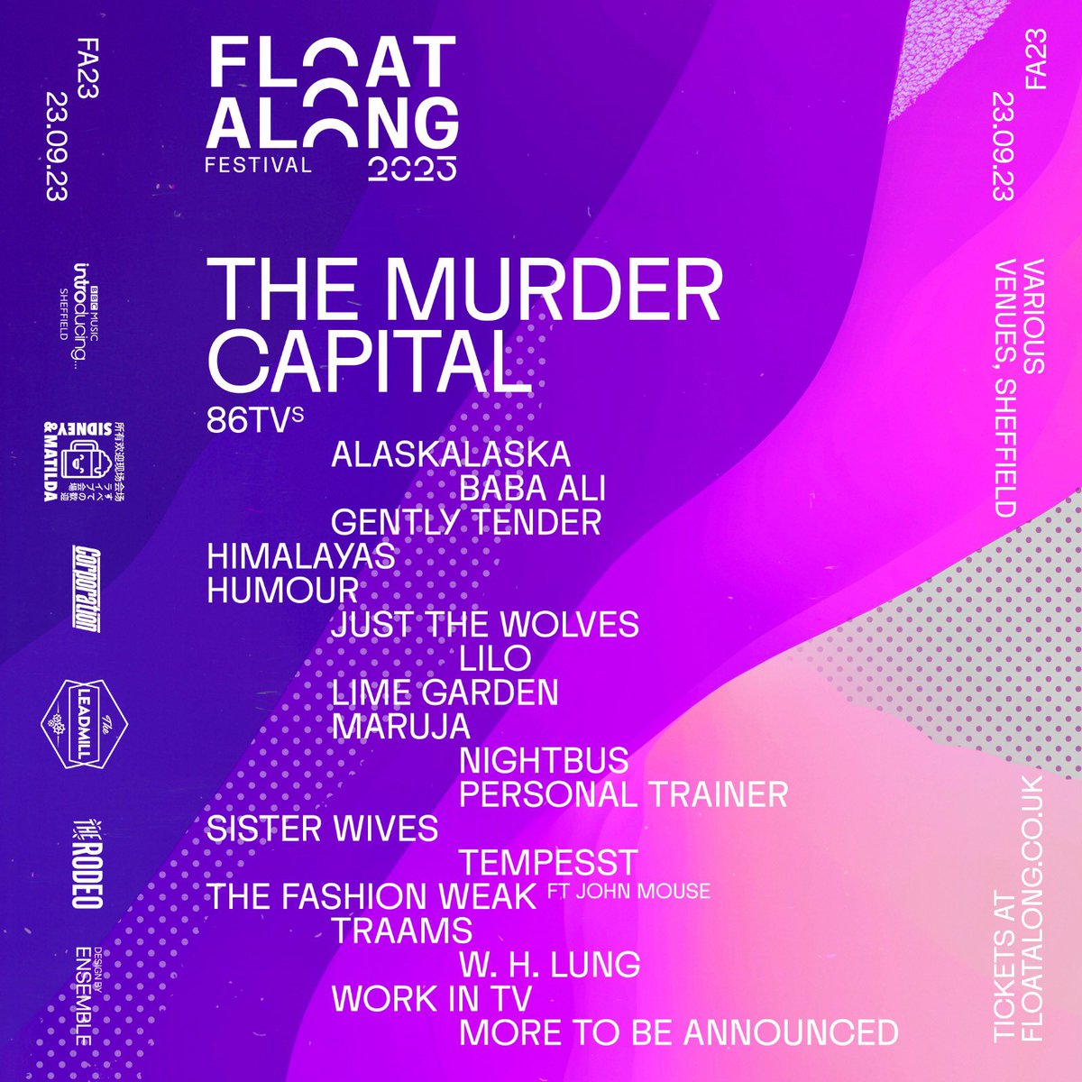 We’re delighted to share the first wave of artists for this years’ Float Along Festival in Sheffield on Sat 23 Sept ft @MurderCapital_ @prsnl_trnr @limegardenband @whlungmusic @TRA_AMS @86TVsband @babaalimusic @AlaskalaskaBand + more TBA 🎫 seetickets.com/event/float-al…