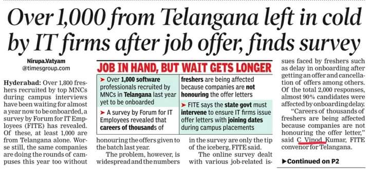FITEMaharashtra's tweet photo. Today's Front page  TOI Telangana - Forum for IT employees highlight IT fresher's issue to Telangana Labour &amp; IT secretary.

They assure to look into issue 🙏 .

Great work @cvinodyadav @FiteIndia @fiteTelangana @FITEMaharashtra teams 🤝🤝
#TeamFite #ITforum #ITemployees https://t.co/7QIX0HVJJ4