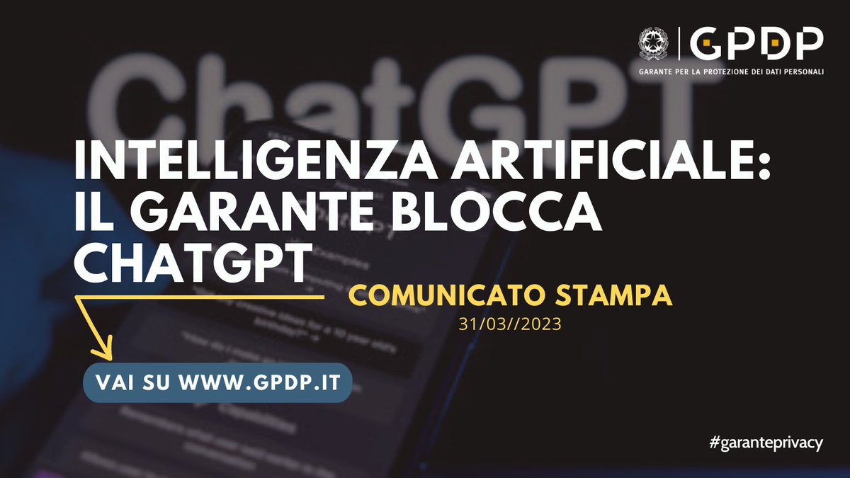 Stop a #ChatGPT finché non rispetterà la disciplina di protezione dati personali. Il #GarantePrivacy ha disposto con effetto immediato la limitazione provvisoria del trattamento dei dati degli utenti italiani ➡️ gpdp.it/web/guest/home…