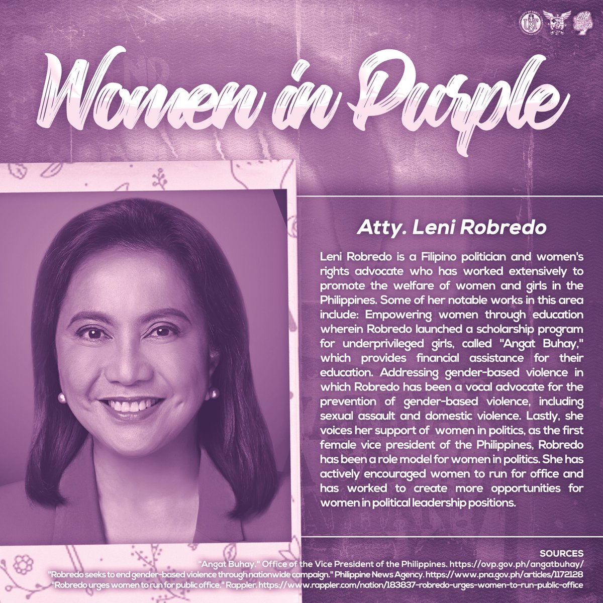 ustshshasoc's tweet photo. “Behind every great woman... is another great woman.” ― Kate Hodges  💜✨ 

As a part of the #KahelKahealthAlllied campaign to eradicate violence against Women, we present to you Women in Purple! 👩🏼‍🦱🧕🏾👧👩🏻👵🏿

(1/3) https://t.co/kN9W323Iml