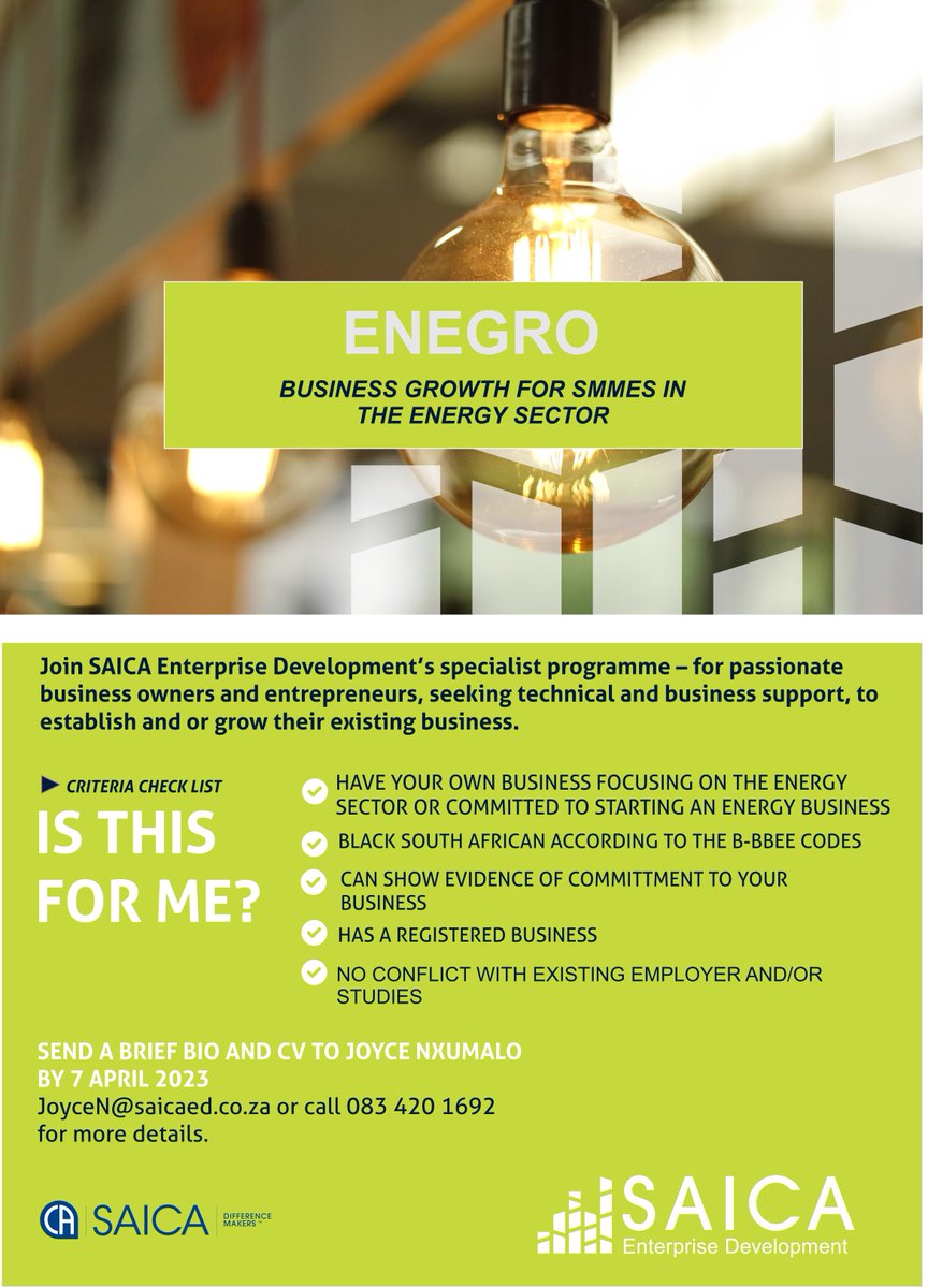Application is still open; we are still looking for SMMEs in the energy space or anyone who wants to start a business in the energy sector for this exciting programme. Please send your CV and bio to joycen@saicaed.co.za by the 7th of April.