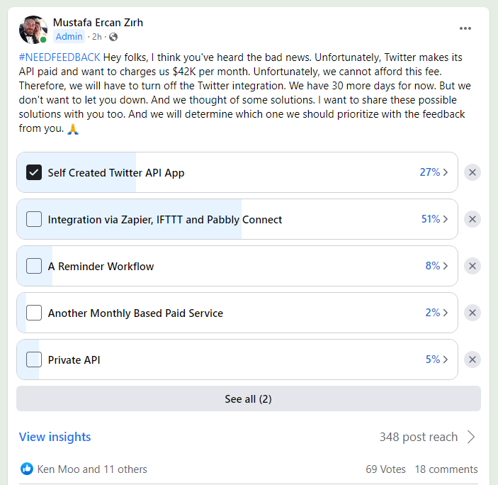 ercanzirh's tweet image. In crisis situations like #TwitterAPI, involving your users in the discussion can help you have a better idea of which solution is best for them. 💡 I hope with their support we will be able to resolve this issue. 🙏 #TwitterAPIPricing #TwitterDev #BuildInPublic