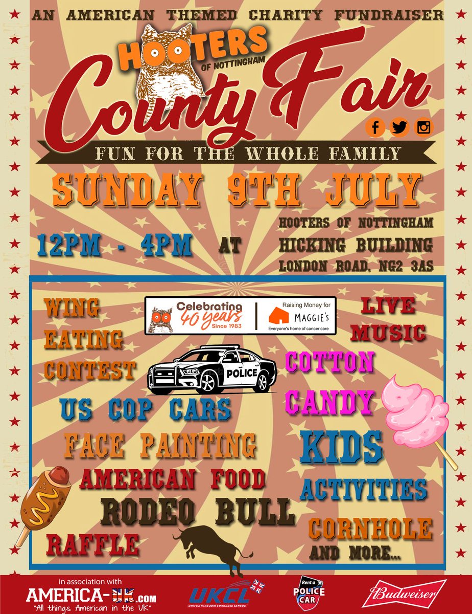 AmericaUKcom's tweet photo. We are teaming up with @Hootersnotts this July to bring you the Hooters County Fair. An American themed charity fundraiser raising money for Maggie's "Everyone's home of Cancer care" #CountyFair #HootersNottingham #charityevent #maggiescancercentres #americauk #hooters40th https://t.co/15S6KQxm9W
