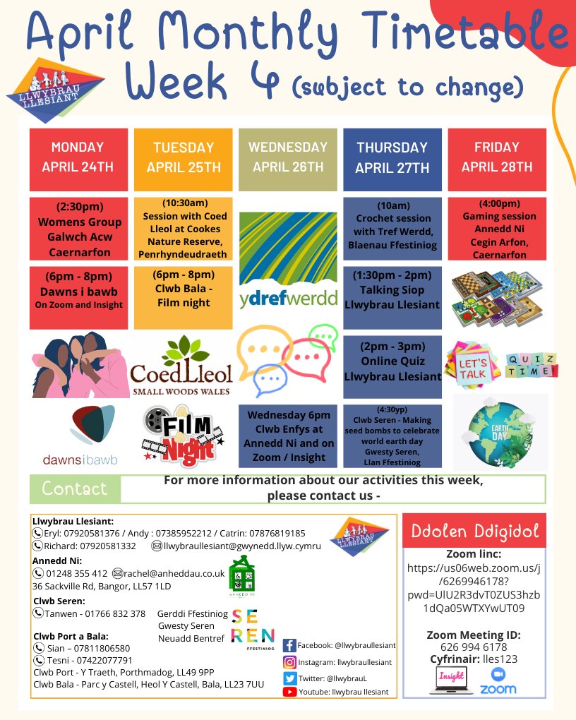 Here is the schedule of activities for March! 😁
Various activities by Llwybrau Llesiant, Annedd Ni, Clwb Port and Bala, and also Clwb Seren 🙌
📅 Many different activities will be held each day, so make sure to check the timetables!