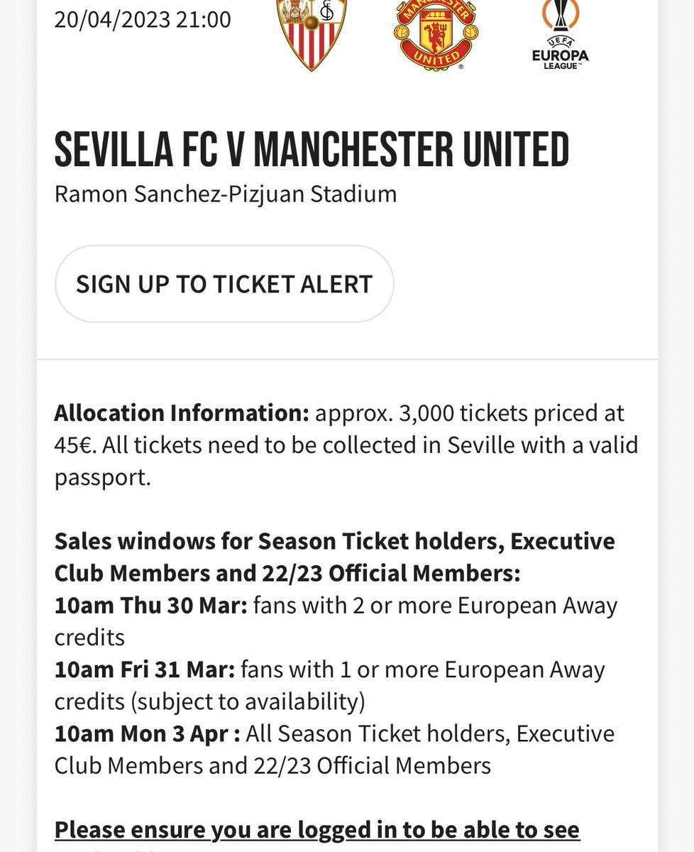 TicketManUtd's tweet photo. Sevilla away tickets will be released to ALL MEMBERS on Monday 3rd April! Great chance for a European quarter final for those with zero credits🇾🇪 https://t.co/1dbKgg1PQ8