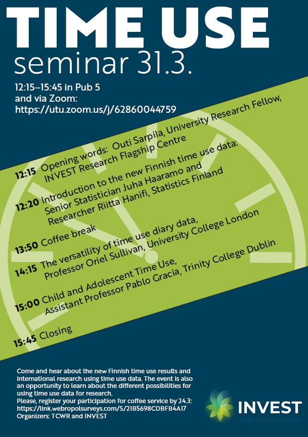 pablogracia_twi's tweet photo. Very happy to present at the Time Use Seminar by @INVEST_Flagship! (work with @J_GarciaRoman, Tomi Oinas, Timo Antilla & Giulia Zerbini)
With excellent speakers and details on the great new @StatsFinland 2020/21 #time_use #survey.
Thanks @ElinaKilpi for the invitation! https://t.co/jmIXO9ZsCz