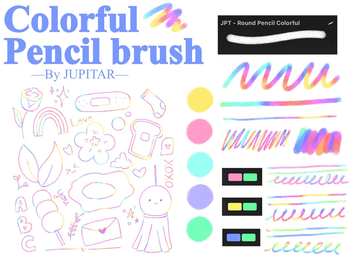 JupiterwithJ's tweet photo. Procreate Colorful pencil brush✨🖌️🎨 #jupitarmarket #giveawayfromjupiter 

*Personal &amp; Commercial*

Free or pay for support

บรัชดินสอสายรุ้งสำหรับ Procreate ค่ะะ ทำใช้เล่นๆแต่เห็นว่าน่ารักดีเลยเอามาแจกด้วย รับฟรีหรือใส่ราคาเพื่อสนับสนุนได้นะคะ💙✨🥰

https://t.co/jkQaWLnxhA https://t.co/El6uOqoX4p