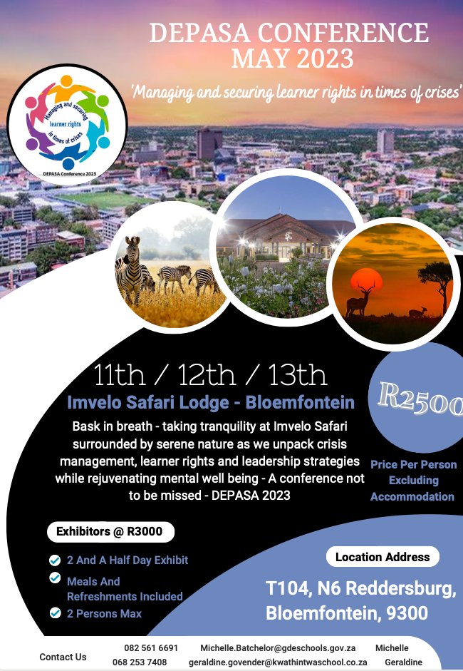 DepasaLeads's tweet photo. After an unnerving pause, a welcome respite dawned bringing an invigorated #DepasaTeamSA back into action. Join us at our #DepasaConference2023 from 11-13 May in #Bloemfontein titled:,Managing &amp; securing learner rights in times of crises. @EMubuntu @Ingrid_Parkin @MichelleBatche6 https://t.co/L5bSvvWqbk