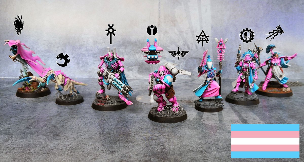 CerberusXt's tweet photo. For #TransVisibilityDay I took a group picture of my ongoing Warhammer40k and Age of Sigmar #Trans pride serie. It's slightly blurry but everybody is here ! 

#WarhammerCommunity #paintingminis #ageofsigmar #paintingminiatures #LGBTQIA #warhammer40k #PaintingWarhammer https://t.co/KteyfcceLL