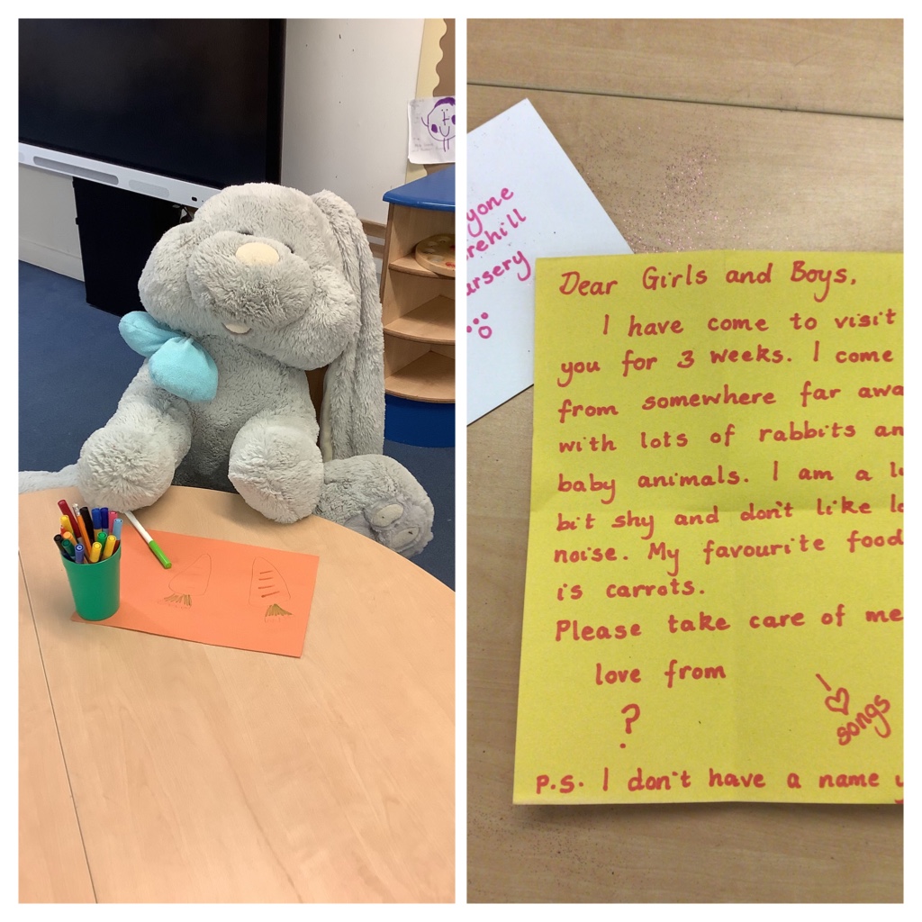We would like you to meet “April” the rabbit who has come to Forehill ELC for 3 weeks.  The children have been very welcoming and are showing April how caring  they are.  I wonder what April will be learning next?
