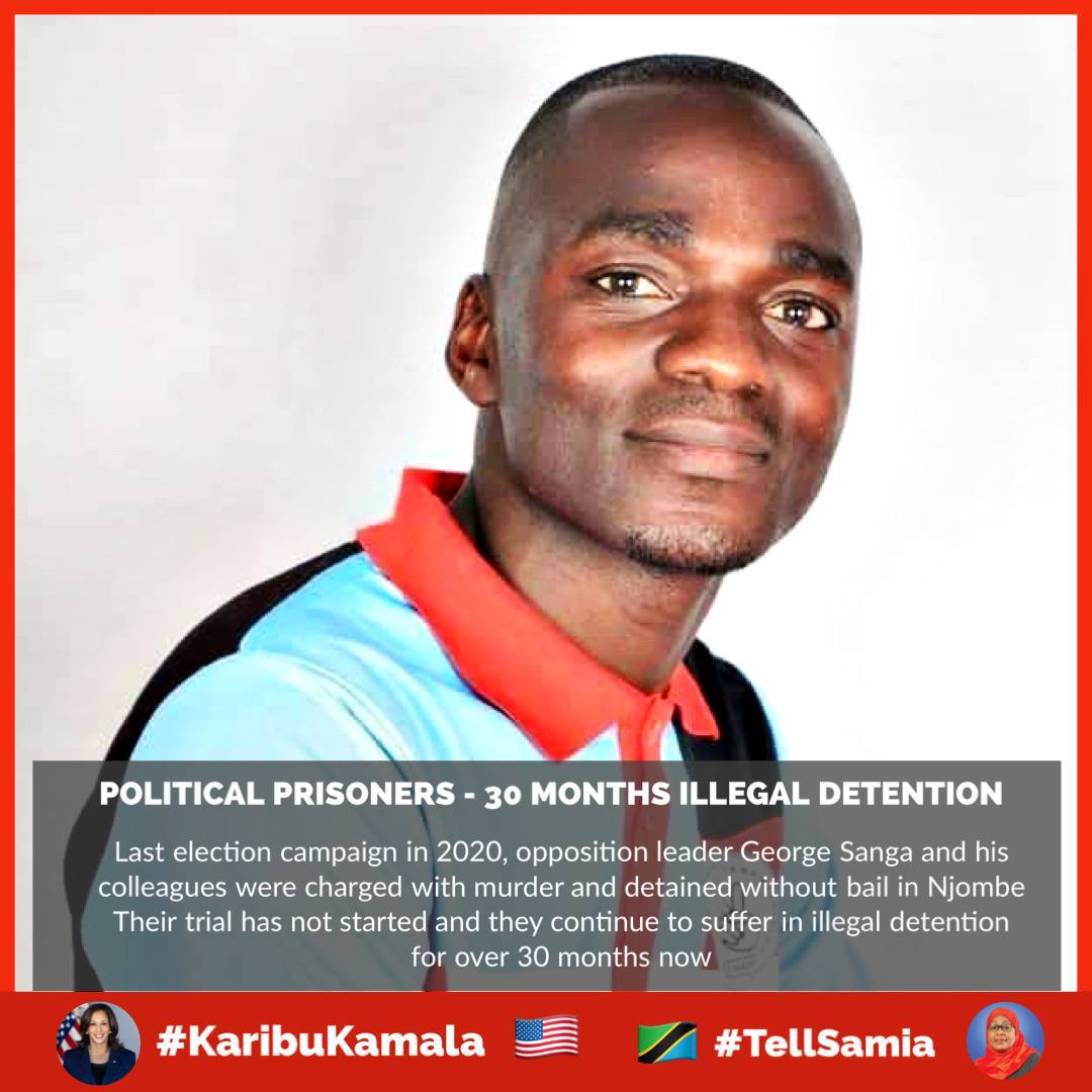 LIldephonce's tweet photo. @SuluhuSamia @KamalaHarris Last election campaign, opposition leader George Sanga and his colleagues were charged with murder and detained without bail, Their trial has not started and they suffer in illegal detention for over 30 months now. @KamalaHarris @USAmbTanzania #KaribuKamala #TellSamia https://t.co/uhl5tC6H5v