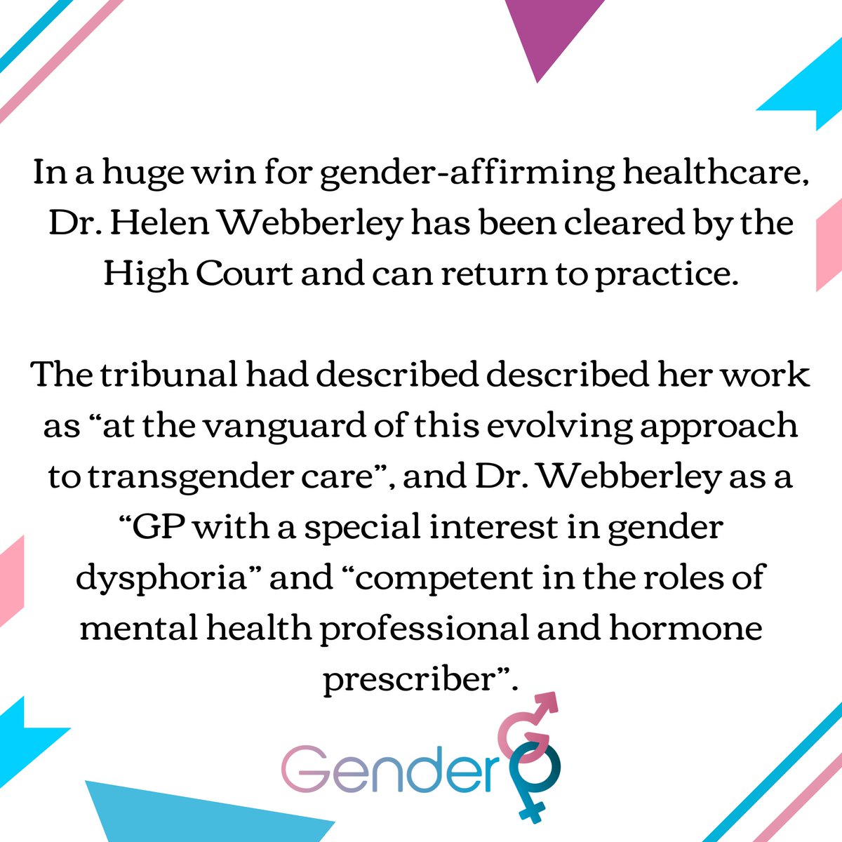 GenderGP's tweet photo. Dr. Helen Webberley has won her appeal against the GMC in the High Court and is able to return to medical practice in a huge win for trans healthcare.

https://t.co/NOaXnVkTEW https://t.co/jn3S3voZXA