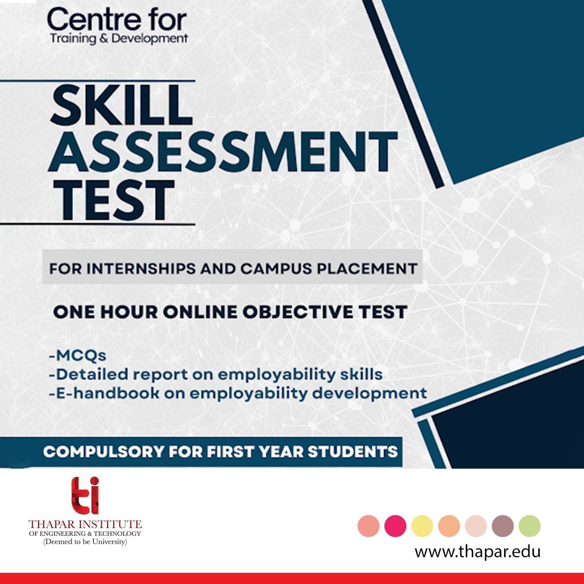 TIETofficial's tweet photo. Ready to level up your skills?
The Centre for Training & Development (CTD) is providing a golden opportunity for first-year students to take a Skill Assessment Test spanning one hour.
#TIET #ThaparInstitute #SkillAssessmentTest #CampusPlacement https://t.co/SyNI6WM2mN