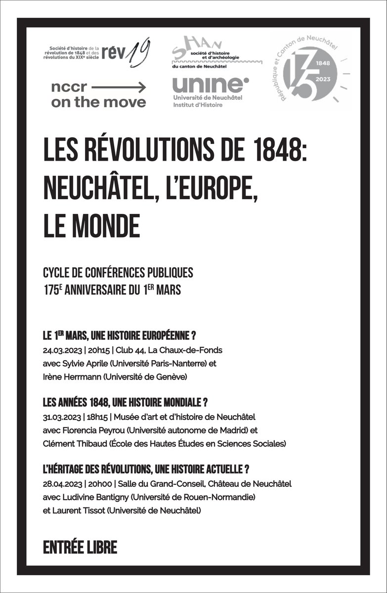 Ce soir, J'ai le plaisir de modérer la conférence 'Les années 1848, une histoire mondiale?' au Musée d'art et d'Histoire de Neuchâtel avec Florencia Peyrou (Univ. autonome de Madrid) Clément Thibaud (EHESS), qui parleront de #globalhistory #colonialism #esclavage #republicanism