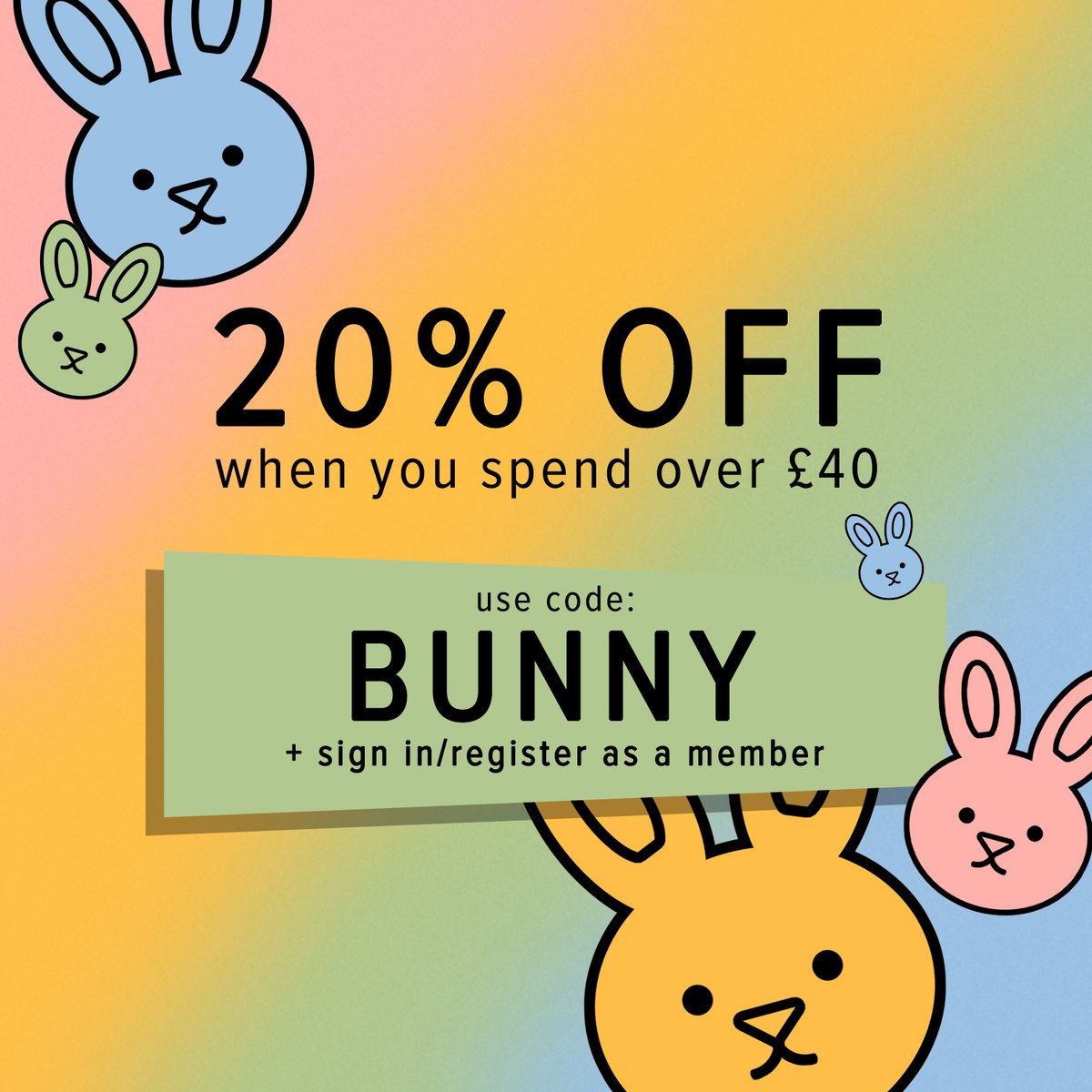 katesskates's tweet photo. Hop to it skaters - our Easter sale has sprung into action! Get 20% off when you spend over £40 - use code BUNNY for 15% off + sign in/sign up as a member for an extra 5% off. 🐰 https://t.co/3OCIn62dub https://t.co/lMrcOidFwo