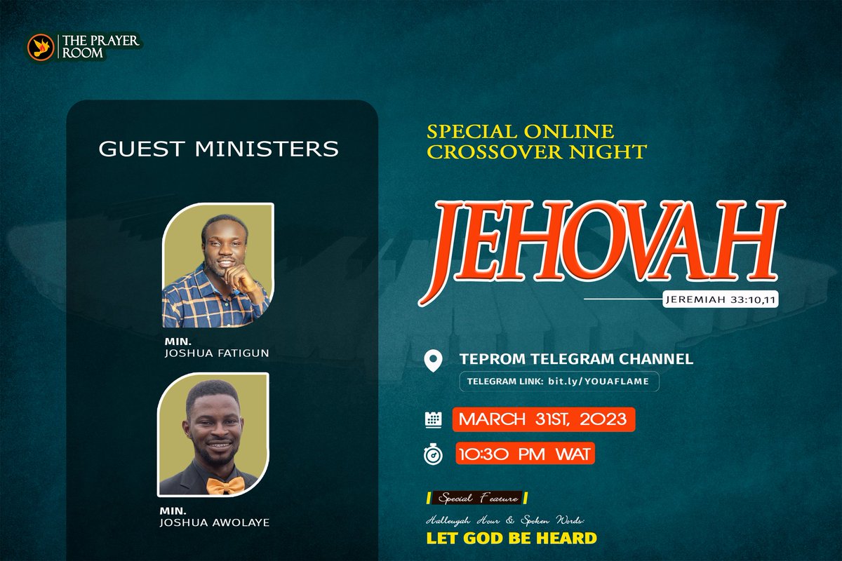 _Xeptional's tweet photo. 🔥🔥🔥🔥🔥🔥🔥

Special Online Cross Over Hour
*Theme: JEHOVAH*
TIME: 10:30PM 
Date: TODAY, 31st March, 2023

Join us for a Special hour with the Lord
Coupled with Hallelujah challenge 🎉🎉🎉🎉

ITS THE D-DAY

https://t.co/NFmDpZMRA3 https://t.co/OqpiEaXFVn